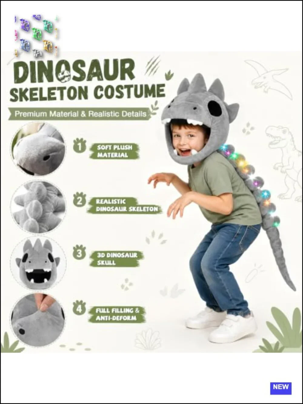 Light Up Dinosaur Skeleton Costume Kids Plush Dino Halloween Cosplay 3-8Y